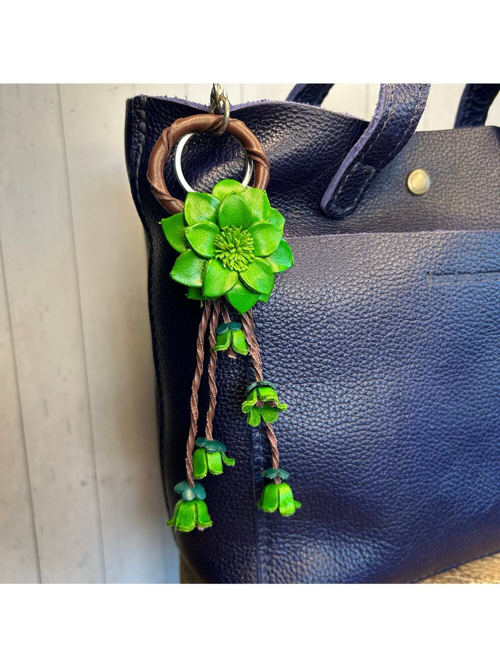 Green Flower Purse Charm Genuine Leather Bag Charm Pansies Dahlia NEW FAST SHIP